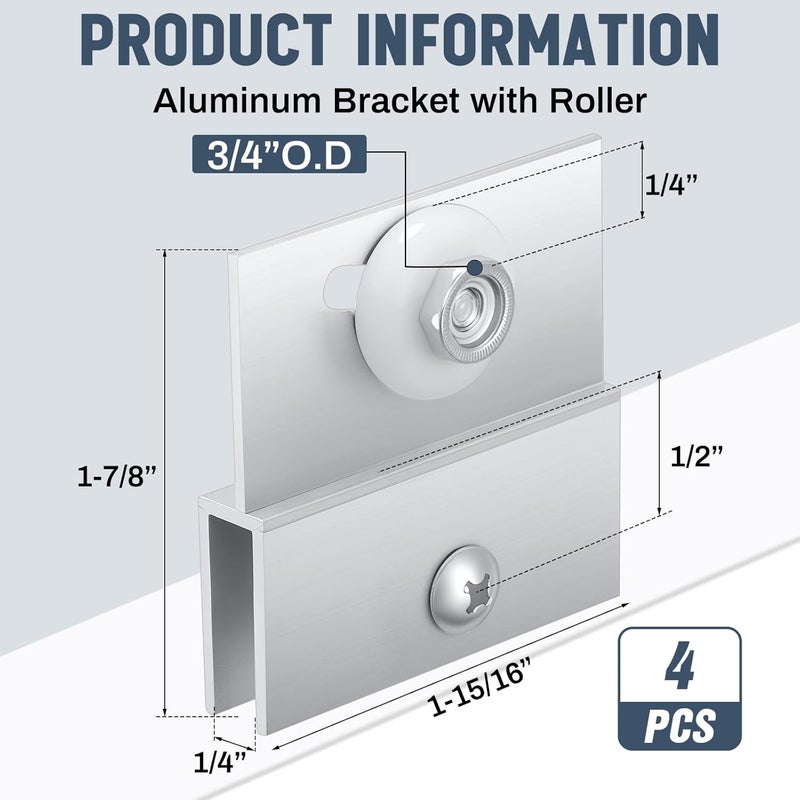 Yaocom 4 Pcs M 6054 Frameless Shower Door Rollers Top Bracket Roller Assembly, 3/4 in Round Plastic Wheel, Ball Bearings, Extruded Aluminum, Bright Finish, Chrome, 1/4 Inch Wide Inside - Image 2